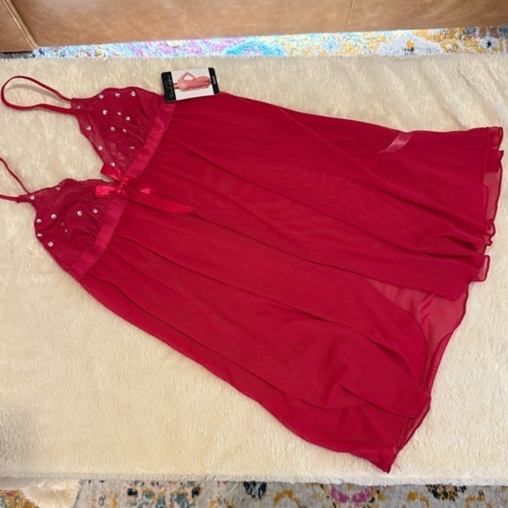 nwt French Affair Red Sheer Lace Babydoll Chemise with Sequin Detail M Medium - Picture 2 of 6